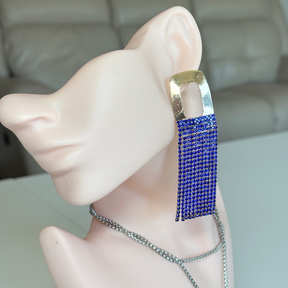 Gold & Blue Fringe Drop Earrings — Women Jewelry
